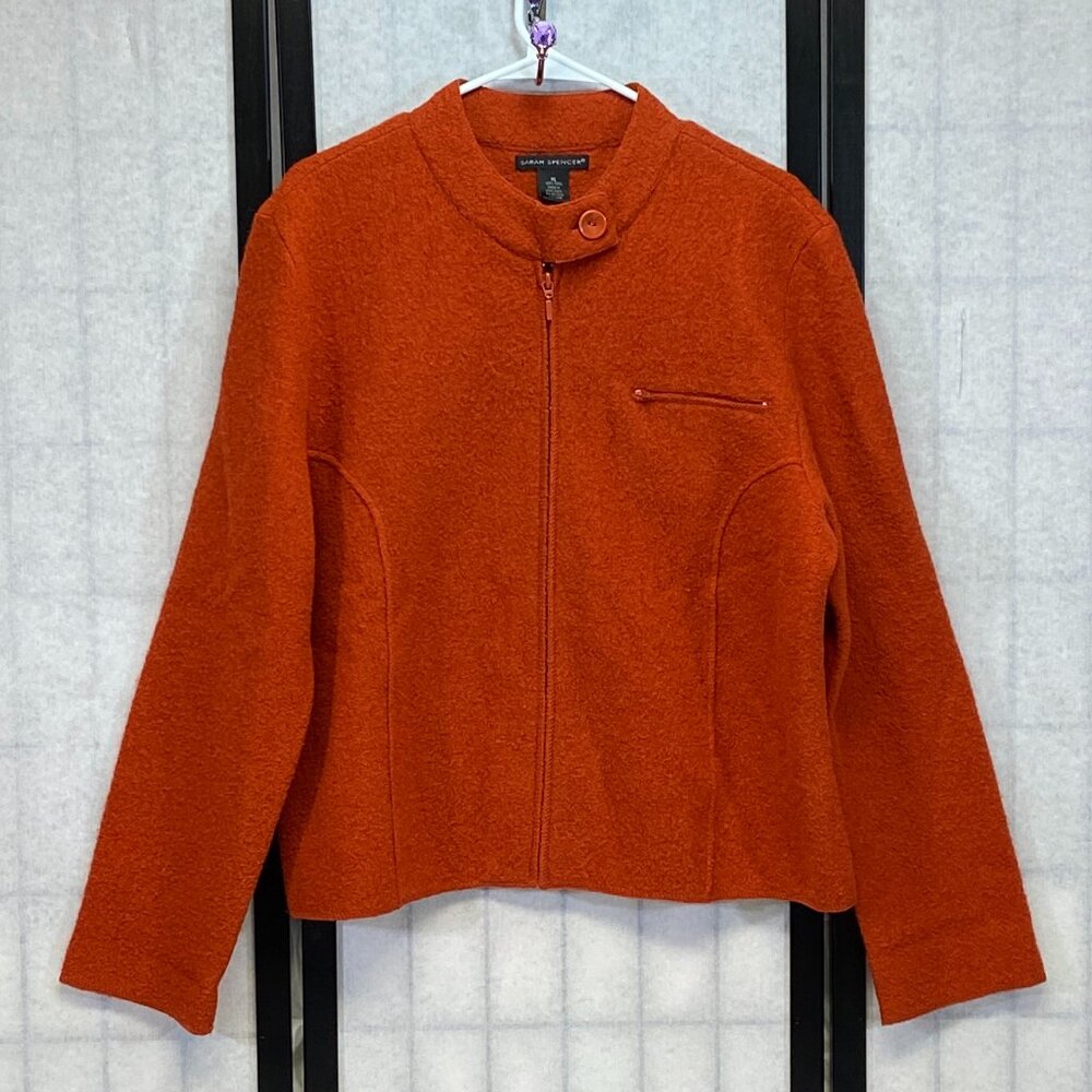 Sarah Spencer Wool Jacket XL Rust Copper Standup Collar Zip Front Princess Seam